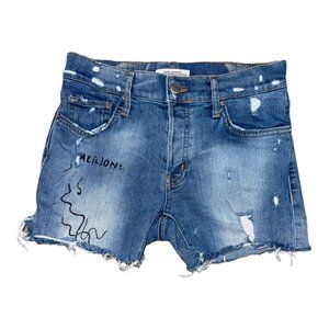 Zara Woman Premium Denim Grafitti Distressed Raw Hem Frayed Shorts Womens 2